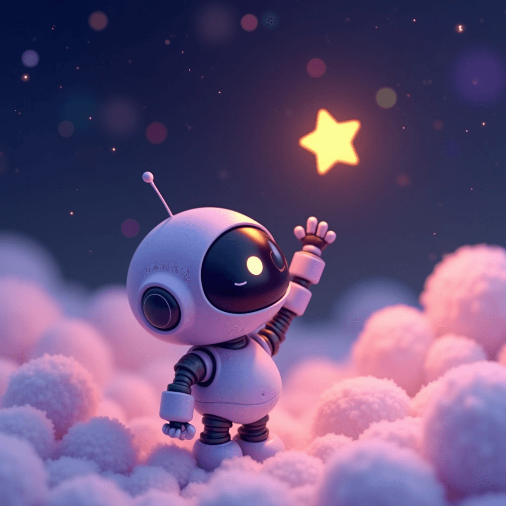 DreamBot — a tiny round robot reaching for a star, sitting on pink clouds