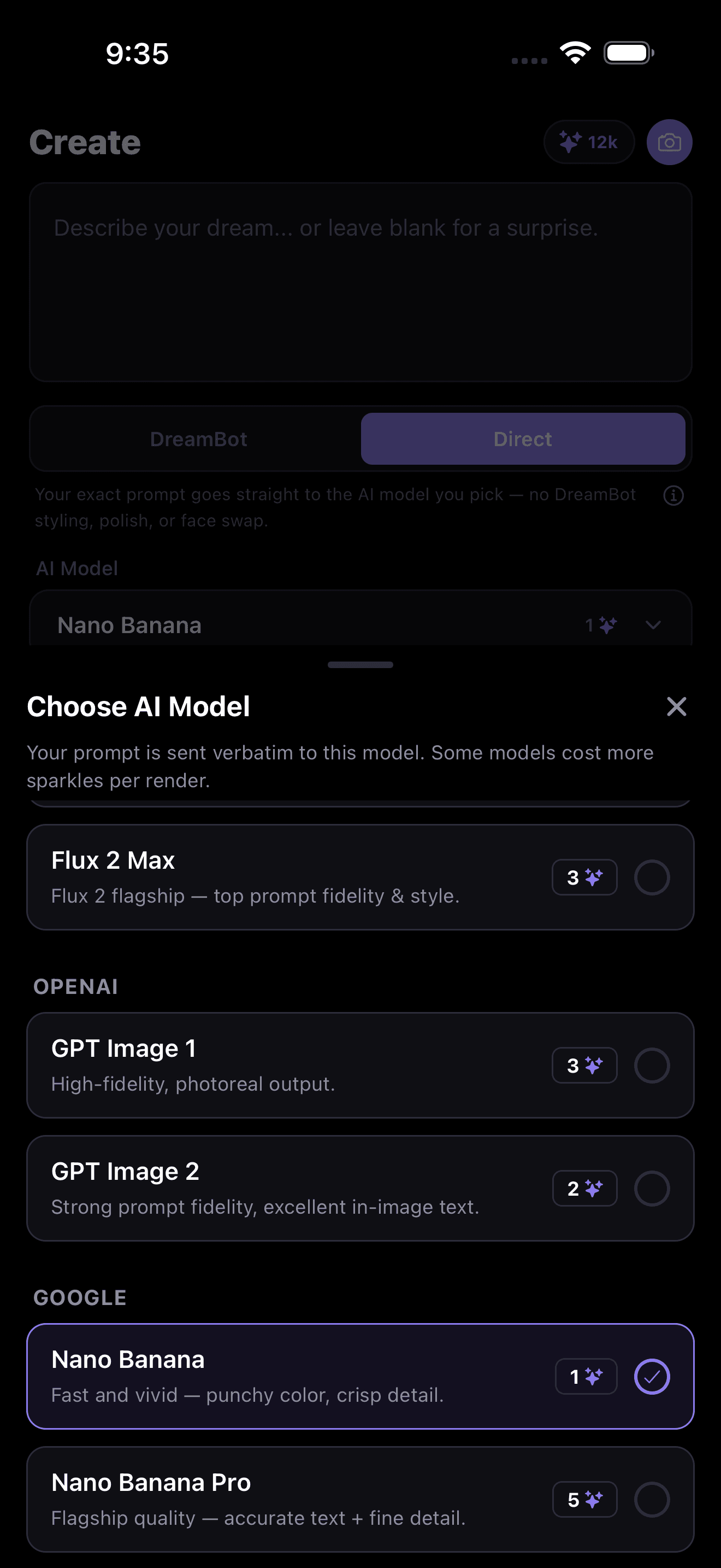 DreamBot’s create screen with the AI model picker open, listing Flux, OpenAI, and Google models grouped by provider.