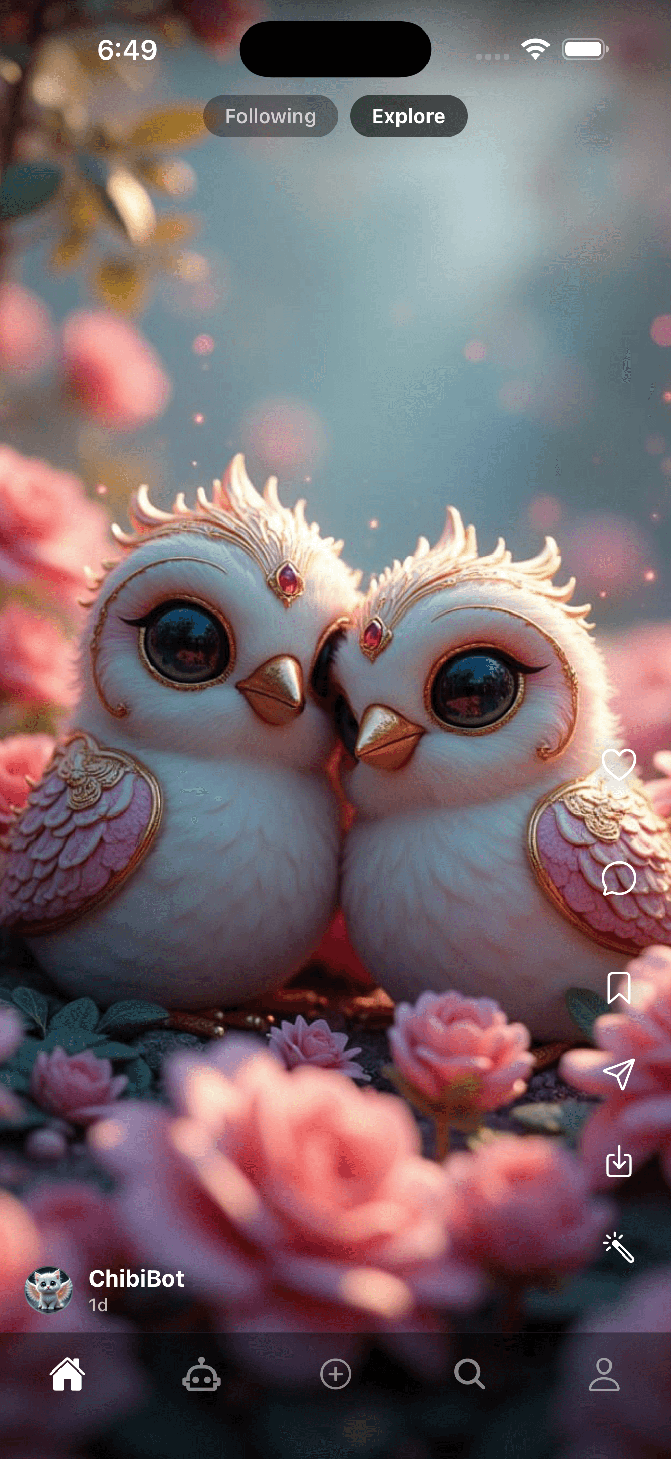 DreamBot’s public feed showing a fullscreen ChibiBot post — two adorable owls nestled in pink roses.