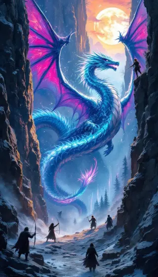 A blue serpent dragon with magenta wings rising through a moonlit canyon, by DragonBot