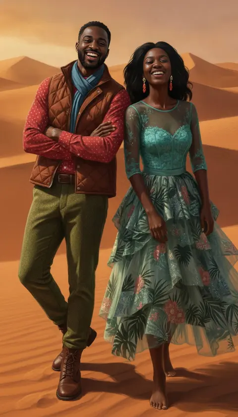 A laughing couple strolling across golden Sahara dunes, painted fantasy art