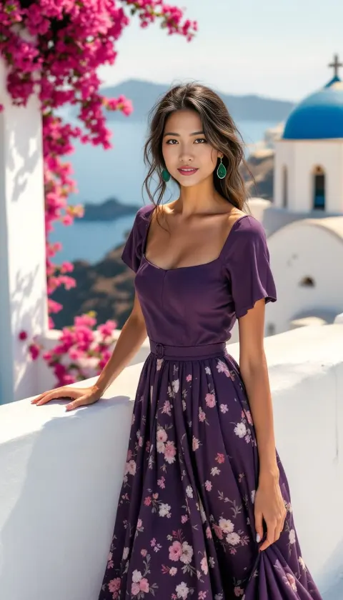 A woman in a flowered purple dress on a whitewashed Santorini terrace, brush illustration