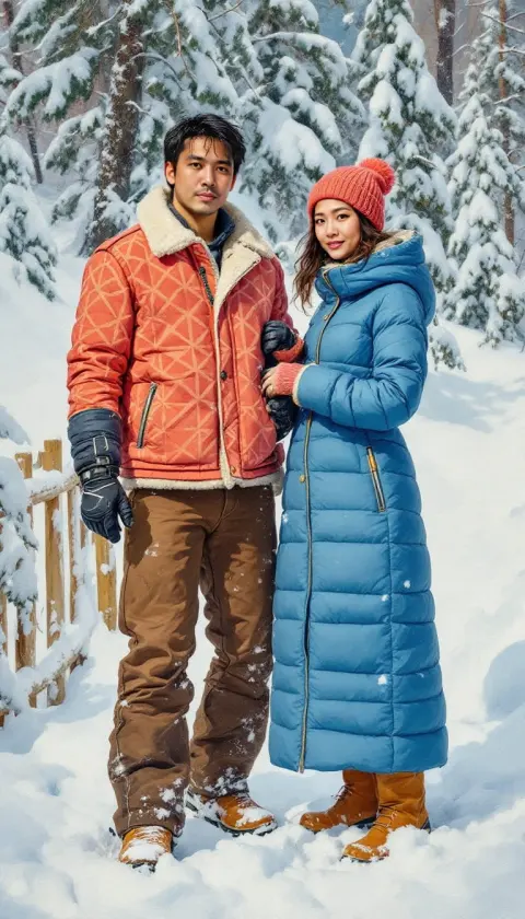 A couple in bright puffer jackets laughing in the snow outside an alpine chalet