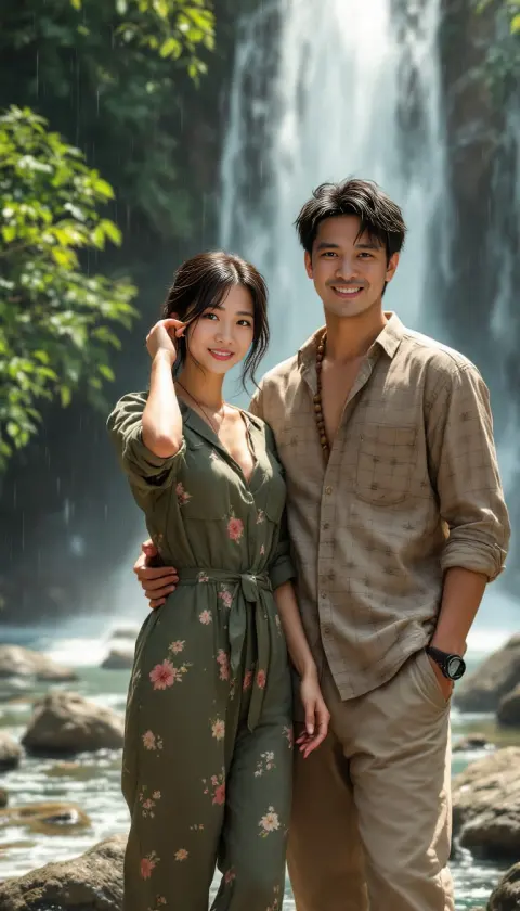 A smiling couple beside a jungle waterfall in Fiji, digital painting