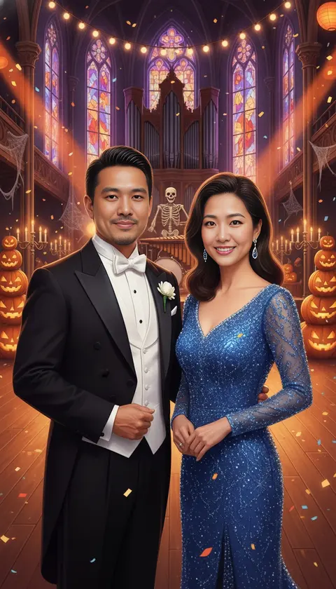 A couple in white tie and a sapphire gown in a stained-glass Halloween dance hall