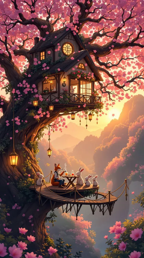 A misty, high-detail treehouse cafe with a fox barista and rabbits, made with Flux 1.1 Pro Ultra
