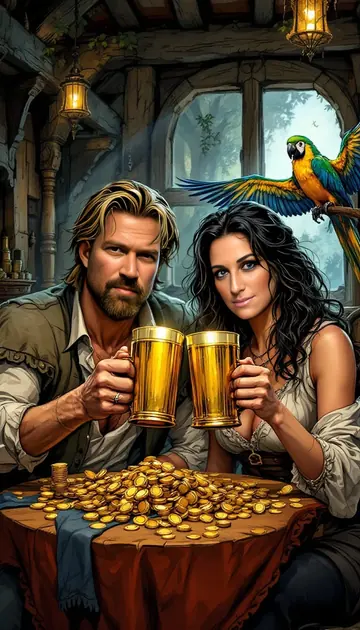 Both of them dreamed as pirates toasting over a pile of gold coins, illustration