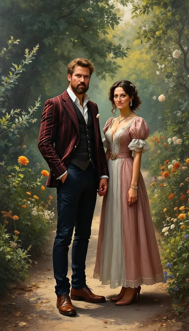 A DreamBot dream: a couple in Victorian dress on a garden path, oil painting