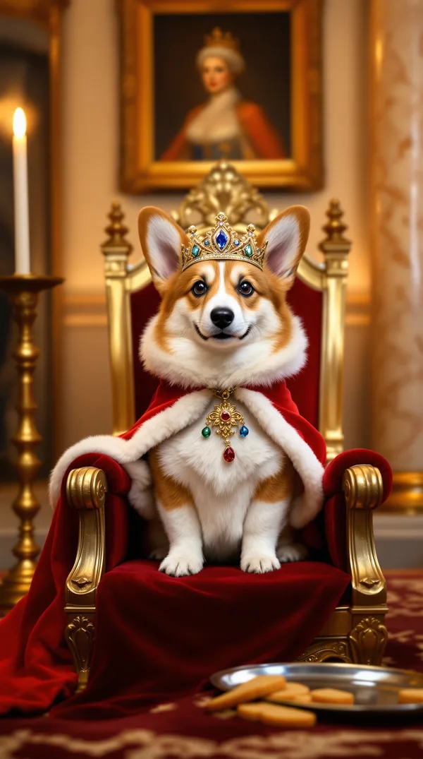 A corgi in a jeweled crown and ermine cape on a velvet throne