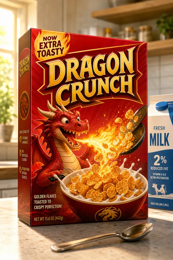 A Dragon Crunch cereal box with a cartoon dragon toasting golden flakes